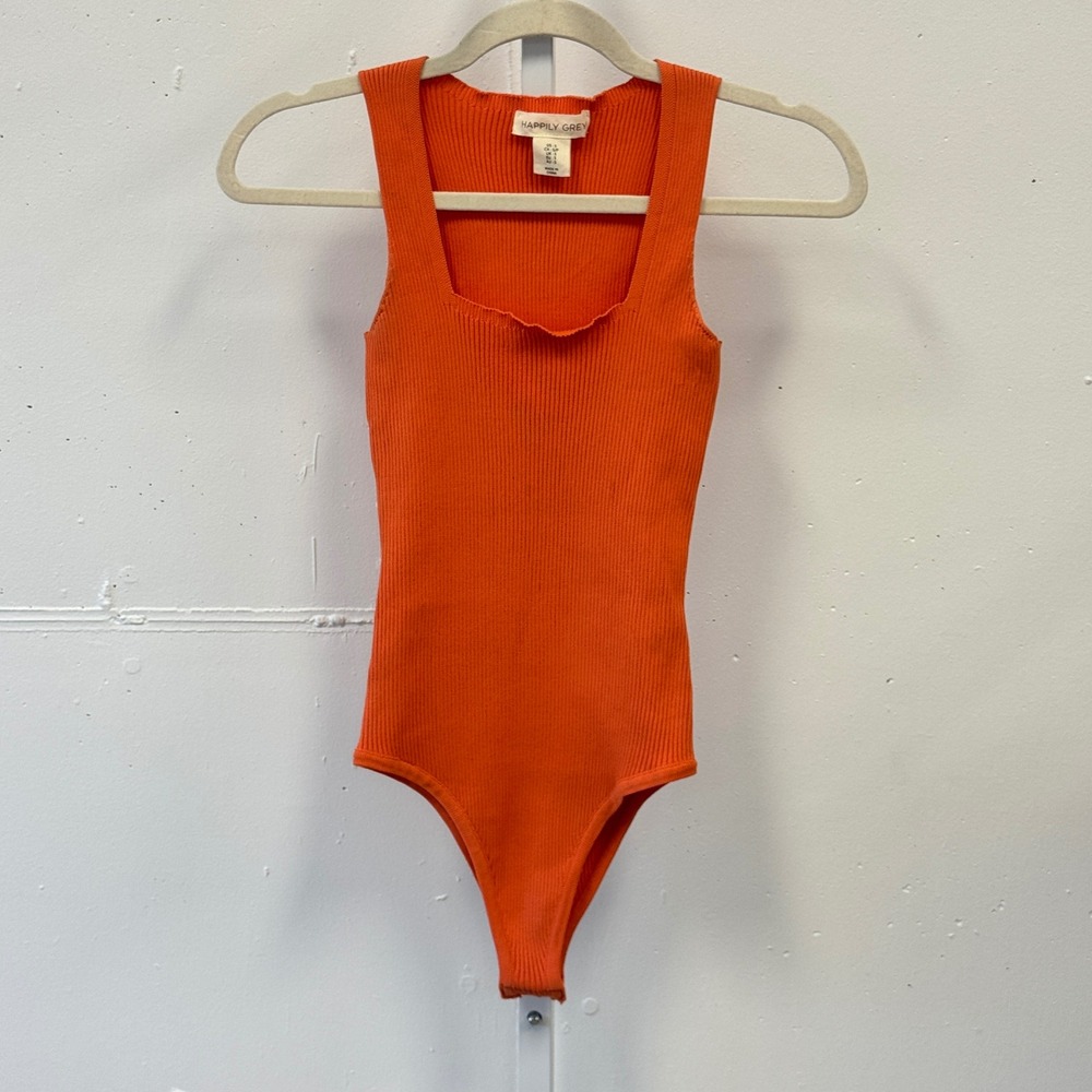 Happily Grey Women's Ribbed Square Neck Bodysuit Orange Size Small Sleeveless